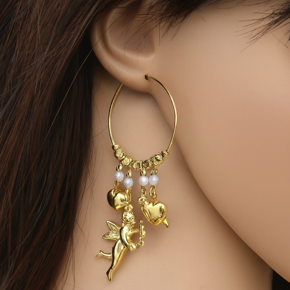 Women's Gold Hoop Drop Earrings - Beads, Angel & Heart  Dangling Charms #3